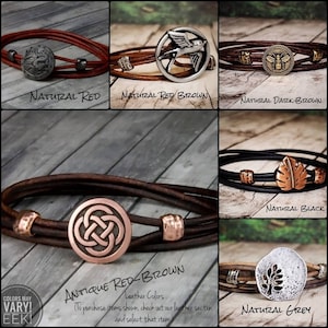 May include: A collage of ten leather bracelets with different colored leather and metal charms. The charms include a bird, a bee, a leaf, a Celtic knot, and a tree. The text "COLORS MAY VARY! EEK!" is in the bottom left corner. The text "Leather Colors" is in the bottom center. The text "To purchase items shown, check out our leather section and select that item." is in the bottom center. The text "Natural Red", "Natural Red Brown", "Natural Dark Brown", "Natural Black", "Antique Red Brown", and "Natural Grey" are in the bottom of each image.