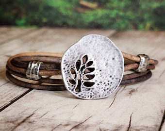 Happy Leaf Leather Bracelet - Leaf Jewelry - Leather Wrap Bracelet -  Mens Leather Bracelet - Womens Leather Bracelet - Nature Jewelry -Leaf