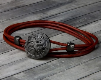 Double Dragon Leather Bracelet – Leather Wrap Bracelet - Christmas Gifts - Mens Leather Bracelet - Womens Leather Bracelet – Dragon Jewelry