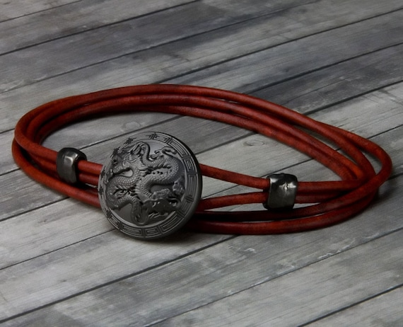 Double Dragon Leather Bracelet – Leather Wrap Bracelet - Christmas Gifts - Mens Leather Bracelet - Womens Leather Bracelet – Dragon Jewelry