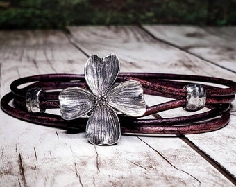 Womens Leather Bracelet - Dogwood - Flower Leather Bracelet - Leather Wrap Bracelet - Flower Jewelry - Womens Bracelet - Dogwood Jewelry