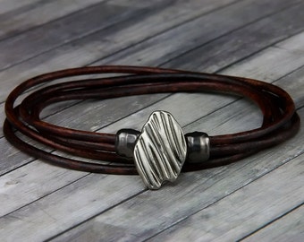 Silver Bark Leather Bracelet - Leather Wrap Bracelet - Mens Leather Bracelet - Womens Leather Bracelet - Mens Bracelet - Wood Jewelry - Wood