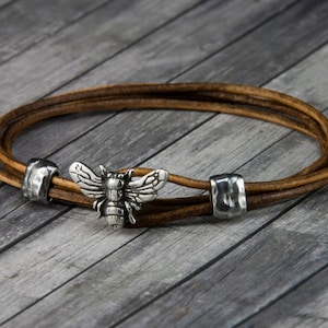 Bee Leather Bracelet - Leather Wrap Bracelet - Womens Leather Bracelet - Mens Leather Bracelet - Bee Jewelry - Leather Bracelet - Honey Bee