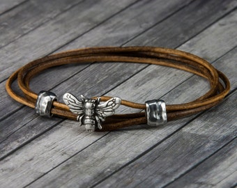 Bee Leather Bracelet - Leather Wrap Bracelet - Womens Leather Bracelet - Mens Leather Bracelet - Bee Jewelry - Leather Bracelet - Honey Bee