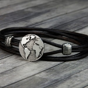 Globe Leather Bracelet - Wanderlust Bracelet - Leather Wrap Bracelet - Wanderlust Jewelry - Mens Leather Bracelet - Womens Leather Bracelet