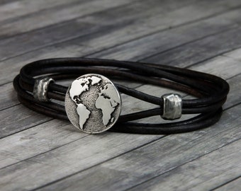 Globe Leather Bracelet - Wanderlust Bracelet - Leather Wrap Bracelet - Wanderlust Jewelry - Mens Leather Bracelet - Womens Leather Bracelet