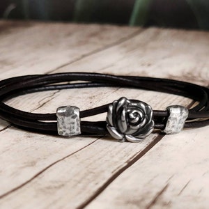 Lil Rose Leather Bracelet - Leather Wrap Bracelet - Womens Leather Bracelet - Mens Leather Bracelet - Rose Jewelry - Flower Bracelet - Rose