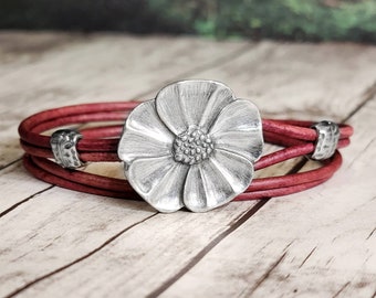 Womens Leather Bracelet - Wild Rose - Flower Leather Bracelet - Leather Wrap Bracelet - Flower Jewelry - Womens Bracelet - Valentines Day