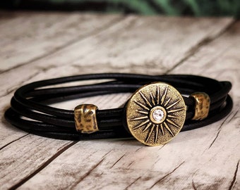 Sunburst Leather Bracelet - Crystal Jewelry - Leather Wrap Bracelet - Womens Leather Bracelet - Mens Leather Bracelet - Wedding Bracelet