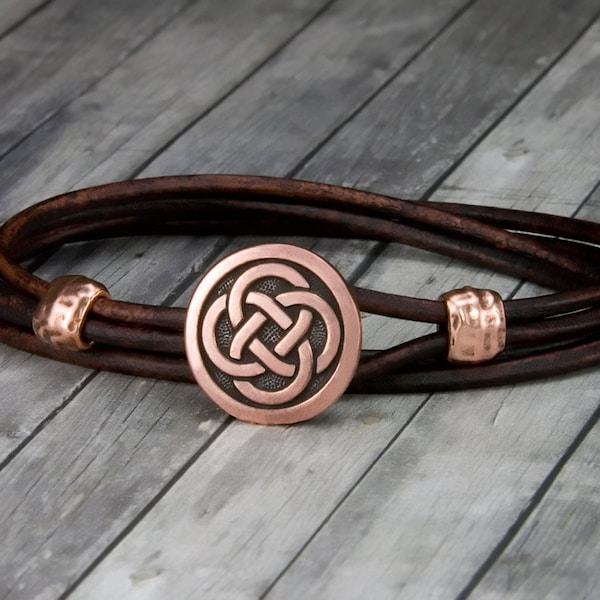 Copper Celtic Knot Red Leather Bracelet - Leather Wrap Bracelet - Mens Leather Bracelet - Womens Leather Bracelet - Celtic Jewelry - Celtic