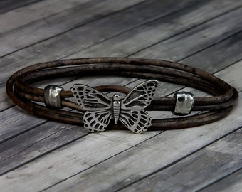 Butterfly Leather Bracelet - Leather Bracelet - Leather Wrap Bracelet - Womens Leather Bracelet - Butterfly Jewelry - Butterfly - Bracelet
