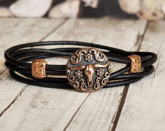 Longhorn Leather Bracelet - Cow Jewelry - Leather Wrap Bracelet -  Mens Leather Bracelet - Womens Leather Bracelet - Western Jewelry - Skull