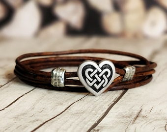 Celtic Heart Leather Bracelet - Heart Jewelry - Leather Wrap Bracelet - Mens Leather Bracelet - Womens Leather Bracelet - Heart -Celtic