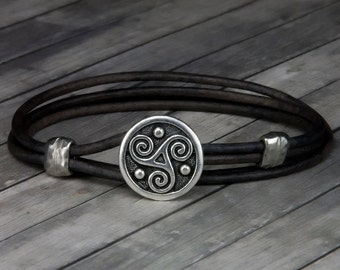 Triskele Charcoal Leather Bracelet - Leather Wrap Bracelet - Mens Leather Bracelet - Womens Leather Bracelet - Celtic - St Patricks Day