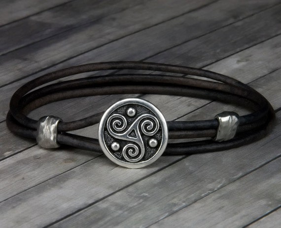 Triskele Charcoal Leather Bracelet Leather Wrap Bracelet Mens