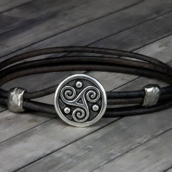 Triskele Charcoal Leather Bracelet - Leather Wrap Bracelet - Mens Leather Bracelet - Womens Leather Bracelet - Celtic - St Patricks Day