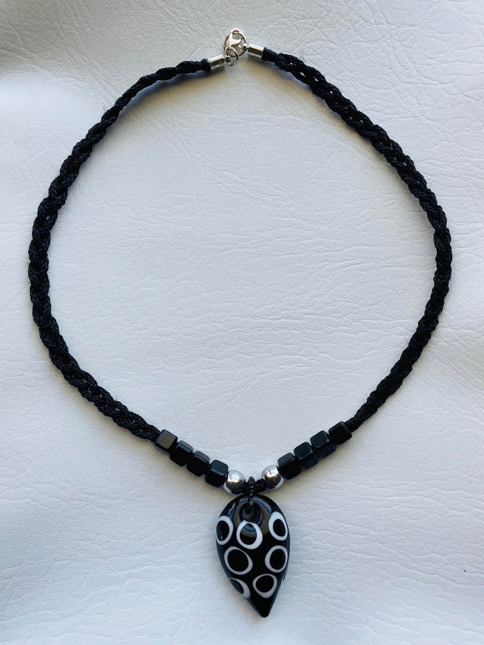 Black cord necklace with black & white ceramic pendant Etsy