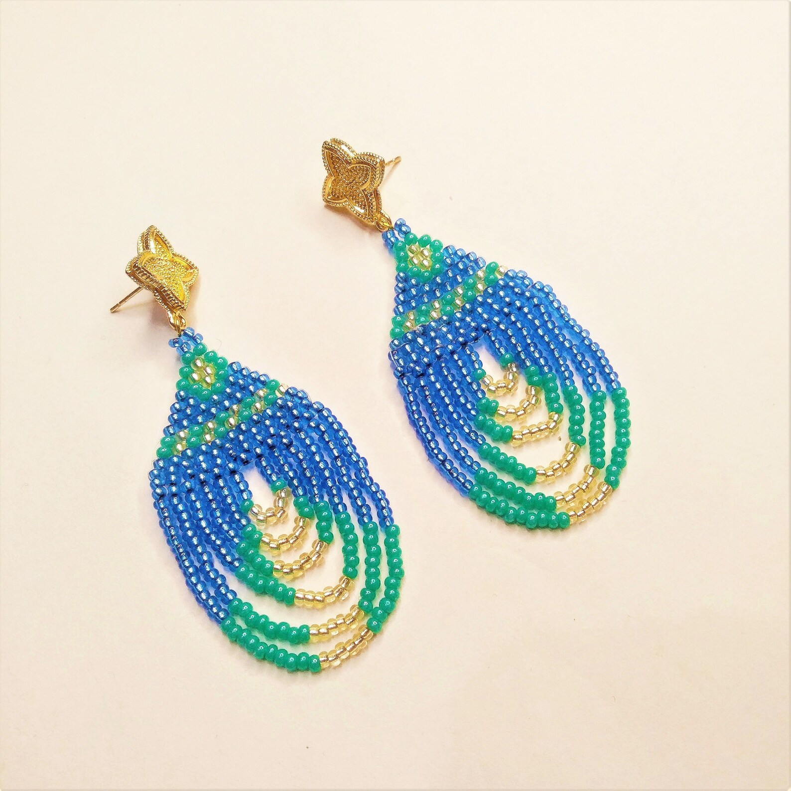 Seed bead green blue earrings Beadwork tassel dangle triangle Etsy