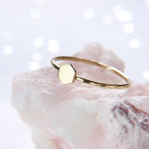 Minimalist geometric hexagon ring, 14k gold stacking ring, stackable, thin gold band, hammered stack ring, eco friendly gold ring