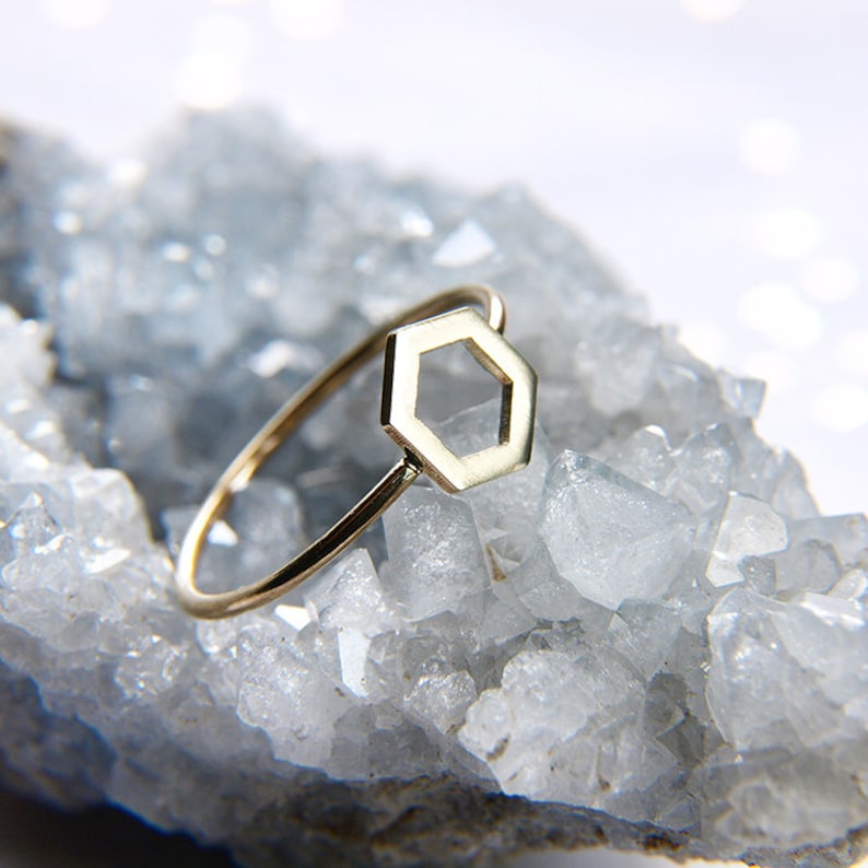 Minimalist Geometric Hexagon Ring 14k Gold Stacking Ring Etsy