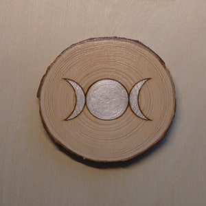 Triple moon altar tile wood slice with bark, pagan wicca  triple goddess altar plate