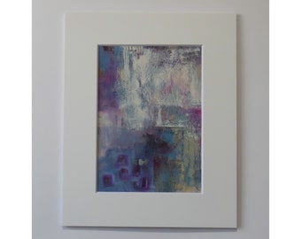May include: Abstract painting with purple, blue, and white paint. The painting has a textured surface and a layered look.