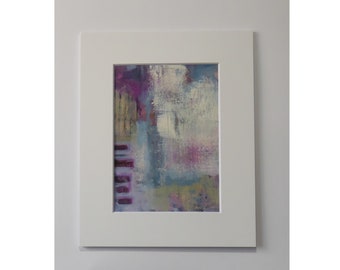 May include: Abstract painting in a white frame. The painting features a mix of purple, blue, green, and white paint with a textured surface.