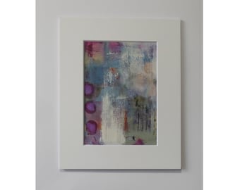 May include: Abstract painting with a white background and a variety of colors, including blue, green, pink, and orange. The painting features a series of overlapping brushstrokes and a few circular shapes in shades of purple.