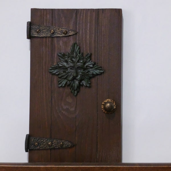 Wood fairy door with green man design, handcrafted wooden faerie door, fae, oak king
