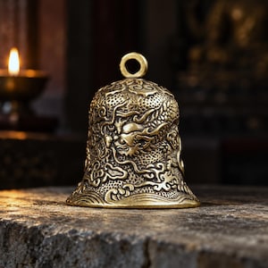 May include: A brass bell featuring an intricate embossed dragon design wrapping around the exterior surface. The bell has a smooth, circular loop at the top for hanging and a flared base with detailed wave patterns carved into the metal finish.
