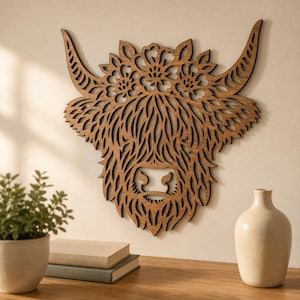 SVG Vache des Highlands : Tête de vache couronnée de fleurs (fichier de découpe pour Cricut, laser, art mural bohème, décoration de chambre d'enfant, gabarit de découpe papier, vinyle, DXF)