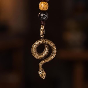 May include: A brass snake pendant hanging from a cord with three decorative beads. The snake is coiled in a circular shape with detailed scale textures. Above the snake are a black bead with a white cloud icon, a speckled tan bead, and a dark brown bead.