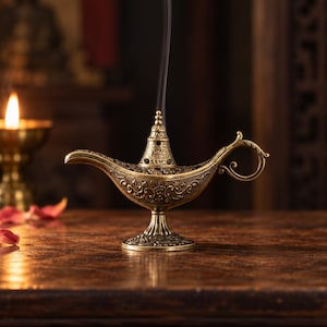 Può includere: Un bruciatore di incenso in ottone in stile antico a forma di lampada a olio tradizionale. La superficie metallica presenta intricati motivi floreali e a volute in rilievo, un coperchio appuntito, un manico curvo e un beccuccio con fumo.