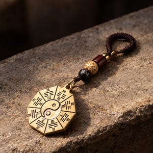 May include: A brass octagonal pendant featuring a central yin-yang symbol surrounded by eight trigrams with Chinese characters. The pendant is attached to a dark brown braided cord adorned with a black bead, a speckled beige bead, and a dark wood bead.