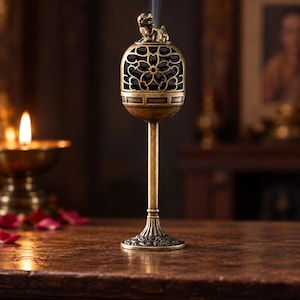 May include: A tall, antique-style brass incense burner featuring a pedestal base and a spherical, openwork top decorated with a floral pattern. A small, sculpted mythical creature sits atop the lid, with thin wisps of smoke rising from the center.