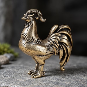 May include: A metallic bronze-colored rooster figurine featuring detailed plumage textures on the wings and tail, a prominent comb on its head, and a textured chest. The sculpture stands on two feet with defined claws, showcasing a weathered finish.