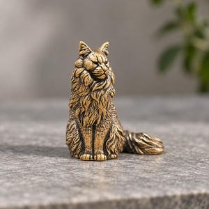 Può includere: Una piccola statuetta metallica color oro raffigurante un gatto a pelo lungo seduto in posizione eretta. La scultura presenta dettagliati motivi di pelliccia testurizzati su tutto il corpo, orecchie a punta e una lunga coda folta a destra.