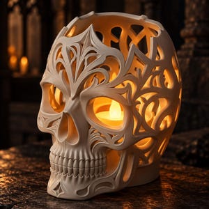 Puede incluir: Un portavelas con forma de calavera de color crema que presenta intrincados patrones de filigrana recortados en el cráneo y las cuencas de los ojos. Una luz cálida y brillante emana del interior hueco, iluminando la superficie detallada.