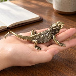 May include: A small, detailed brass figurine of a bearded dragon lizard. The metal sculpture features a textured, scaled surface with a dark, antique-style finish, capturing the lizard in a lifelike pose with its head raised and tail extended.