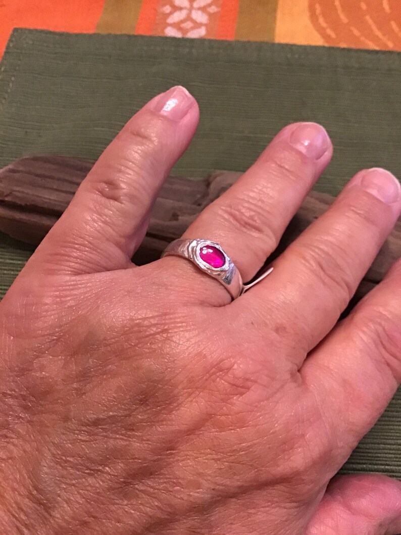 Synthetic ruby stone and sterling silver ring