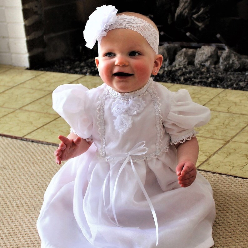 white dedication baby dress
