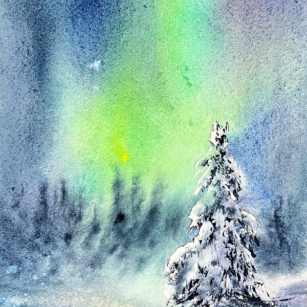 Nordlichter Original Aquarell Kunst Aurora Borealis Malerei