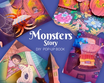 DIY Monsters pop-up book for kids, 3d origami template kit to make your own pop-up book, printable jpeg files