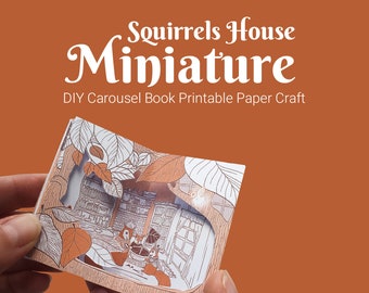 Squirrel miniature house, tiny carousel book creation kit, paper craft activity, printable template