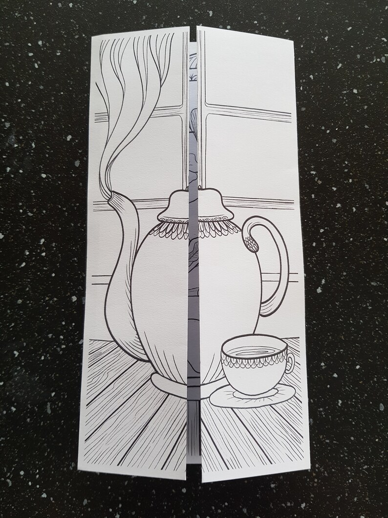 May include: A black and white line drawing of a teapot and a teacup on a wooden surface. The teapot has a spout and a handle. The teacup has a handle and a saucer. The drawing is on a white background.