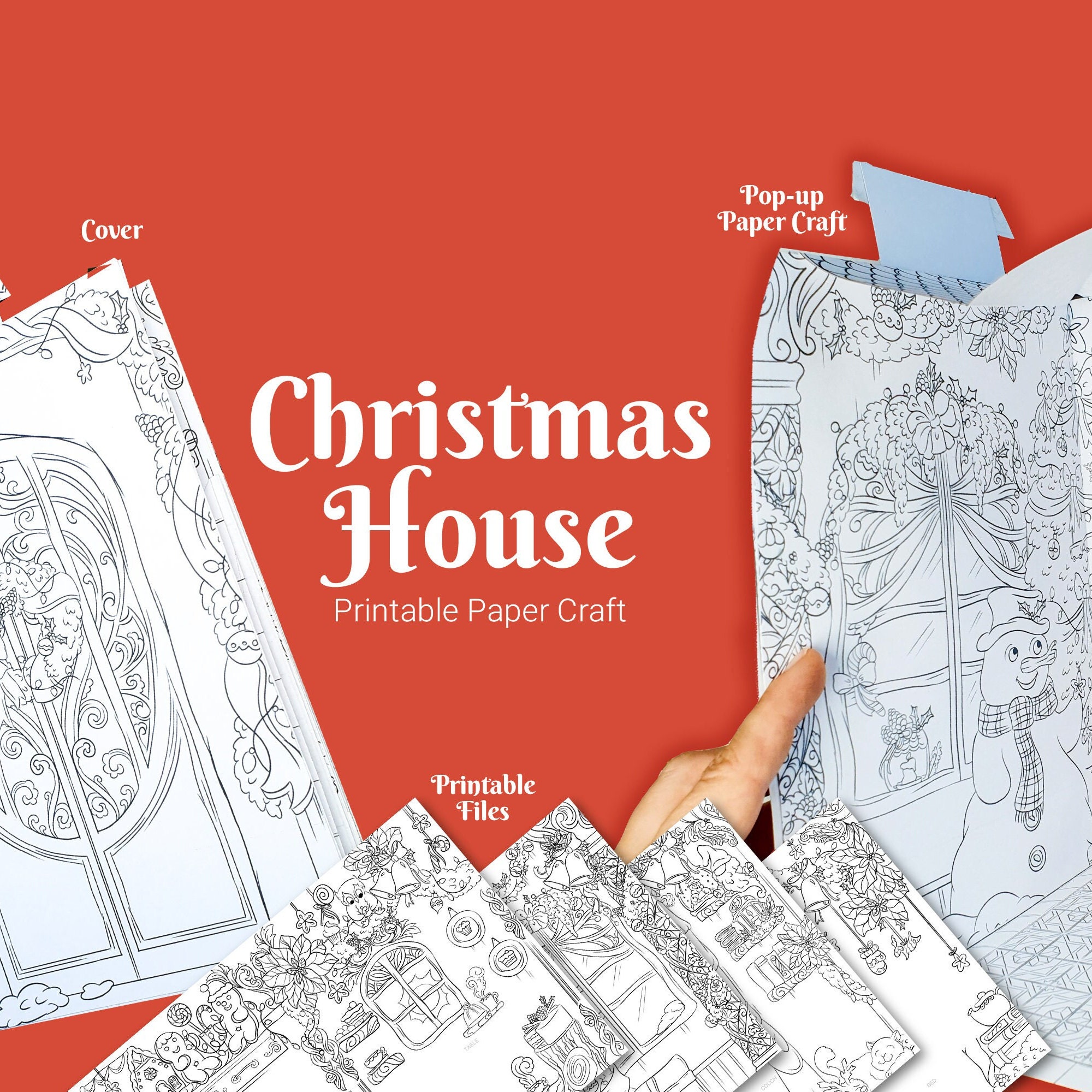 Christmas Paper House Coloring Diy Craft, Printable Template, Xmas 3d ...