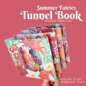 Livro de túnel de verão faça você mesmo para impressão em papel: flores e fadas de verão, modelo de kit de artesanato faça você mesmo, atividade de kirigami para adultos, presente de papel