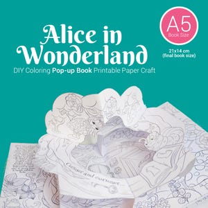 Alice in Wonderland Coloring DIY-kit voor het maken van pop-upboeken, afdrukbare sjabloon, 3D-papier, kleuractiviteit voor kinderen en volwassenen