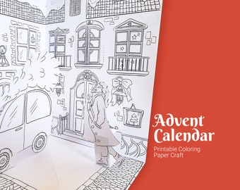 Calendario de Adviento de la Ciudad de la Navidad: Manualidad en papel para colorear (Descarga digital)