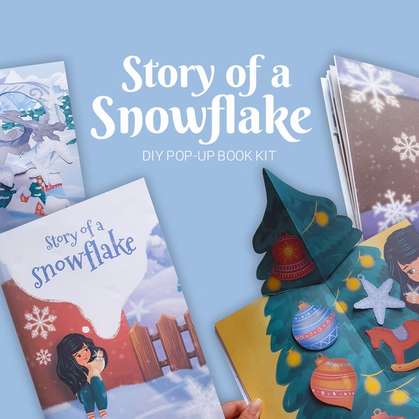 DIY Christmas pop-up book with snowflakes and a little girl, printable papercraft to build at home